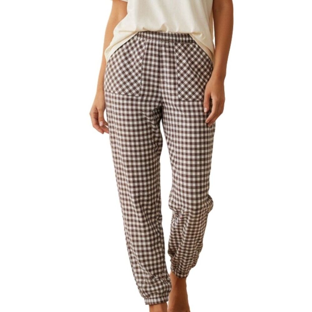 Gingham Jogger Pajama Pants in Brown and White